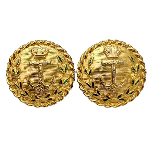Carolee Gold-Tone Green Leaf Enamel Crown Anchor Round Clip-on Earrings K211